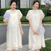 孕妇装2023加大码女夏装宽松显瘦雪纺，刺绣碎花汉服旗袍连衣裙淑女