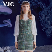 VJC/威杰思女装秋冬假两件连衣裙粗花蕾丝网纱高腰裙