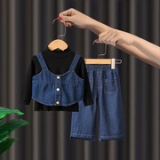 女童春装套装2024韩版时髦洋气儿童宝宝春秋季牛仔背带三件套