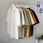 夏季纯色短袖衬衫男宽松日系工装，五分袖上衣港风白色潮流半袖衬衣