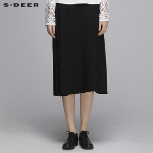 sdeer圣迪奥春秋女装褶裥，雪纺拼接优雅黑色，针织半身长裙s20181107