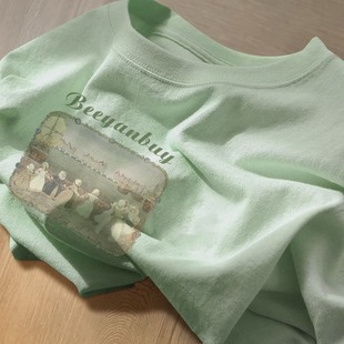 日系复古纯棉短袖t恤女夏季2023设计感小众，宽松chic港味上衣