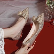 法式平底水钻婚鞋主婚纱新娘鞋女2024低跟婚礼结婚鞋平时可穿