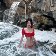 红色泳衣比基尼女泡泡袖露背海边度假游泳衣抽绳系带抹胸时尚