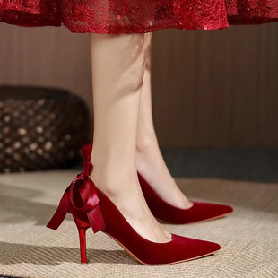 法式婚鞋细跟高跟鞋红色结婚礼服敬酒鞋一字带不累脚中式配秀禾鞋