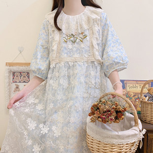 夏季蓝色碎花短袖连衣裙蕾丝荷叶，花边翻领两件套仙女裙田园少女裙