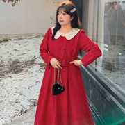 秋冬2023假两件A字裙法式娃娃领新年装红色连衣裙女减龄长裙