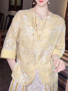 100真丝绡新中式短袖上衣女夏季重工刺绣桑蚕丝禅意国风衬衫