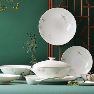 华光陶瓷淄博骨瓷餐具，套装碗碟套装家用碗，盘碟中式餐具套装青亭
