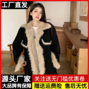 羊羔毛拼接(毛拼接)黑色，牛仔外套女冬季复古港风宽松夹棉加厚保暖棉服大衣