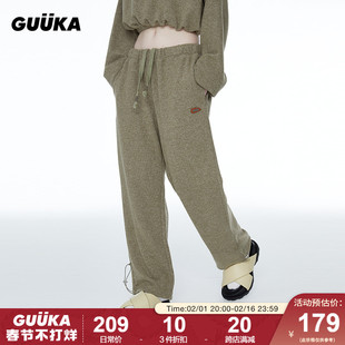 guuka墨绿色卫裤女弹力绳束脚裤，嘻哈潮流搭配高腰，直筒阔腿裤宽松