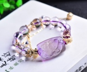 天然紫水晶九尾狐手牌手链搭配天然11.5毫米薰衣草紫水晶圆珠随形
