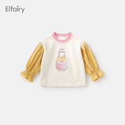 elfairy儿童可爱t恤女童卫衣撞色灯笼，袖上衣2024宝宝春装洋气