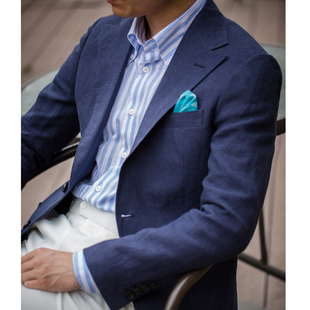 春夏薄款深蓝色全亚麻半夹里西装修身欧版宽领型上衣男士可定制
