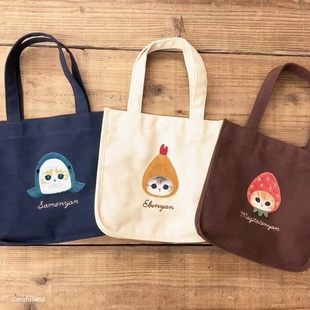 日本卡通可爱鲨鱼猫咪草莓炸虾猫帆布手提包，大容量旅行便携便当袋