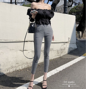 韩国ins洋气时尚，复古黑白格子，休闲裤子小脚铅笔裤九分裤