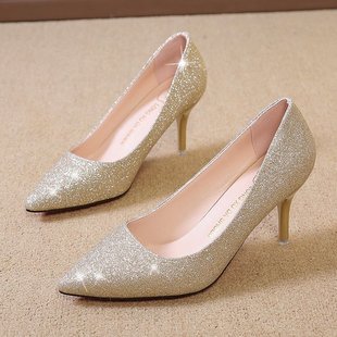 香槟金银色高跟鞋女2024年细跟中跟7cm仙女水晶，伴娘礼服新娘婚鞋5
