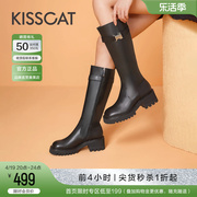 接吻猫春季骑士靴机能，长筒靴舒适真皮，方头粗高跟时装靴女