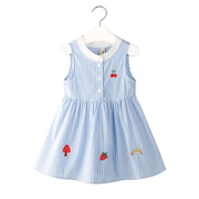 女童背心裙夏季儿童女宝，公主韩版蓝色，竖条纹刺绣纯棉无袖连衣裙