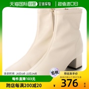 日本直邮vivian高跟弹力短靴，乳白色方头柔软皮革塑胶纯色