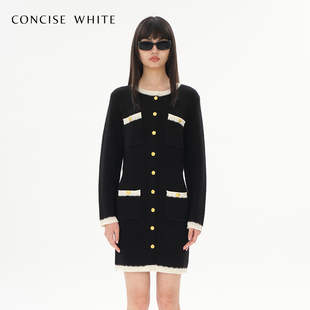 CONCISE-WHITE简白 小香风长袖圆领针织连衣裙2023早秋