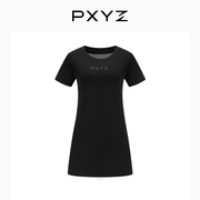 pxyz24ss拼接针织黑色，碎钻log短袖基础，通勤休闲连衣裙a字打底裙