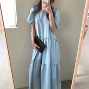 韩国chic夏季气质优雅v领皱褶设计感宽松纯色百搭泡泡袖连衣裙女