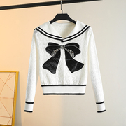 小香学院风海军领白色毛衣秋冬季设计感小众蝴蝶结长袖打底套头衫
