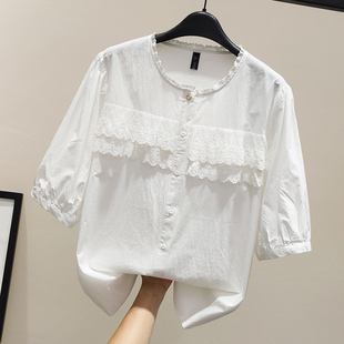 纯棉白色衬衫女2023夏装拼接花边蕾丝上衣，五分袖圆领宽松衬衣