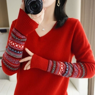 大红色复古V领毛衣女秋冬季拼色长袖针织衫宽松百搭套头洋气上衣