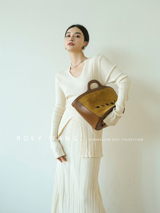 roeywang肌理感羊毛浪漫法式复古v领针织衫上衣半身裙套装两件套
