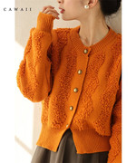 日本直邮2024春季女装长袖纯色甜美低圆领亮色橙色针织衫开衫
