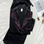 黑色冰丝睡衣女春秋季款长袖长裤真丝绸缎面高级感简约家居服套装