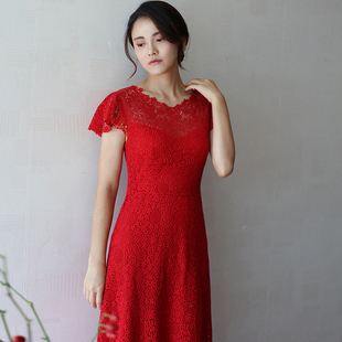 shooya原创《初妆》正红色韩国复古蕾丝连衣裙，领证订婚礼服敬酒服