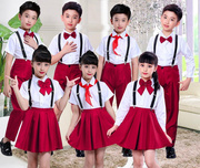 国庆儿童背带裤演出服小学生，大合唱团红色礼服，男女童朗诵表演服装