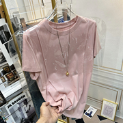 基础正肩T恤女韩版宽松显瘦纯色遮肚子小众气质粉色短袖上衣夏天