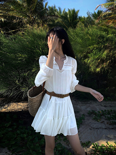NEVA HU法式白色衬衫连衣裙女度假风夏季宽松长袖小个子短裙