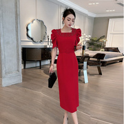 轻熟小众设计感礼服裙名媛气质方领钉珠红色修身泡泡袖包臀连衣裙