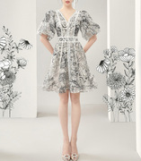 越南小众设计师女装，春夏季水墨画印花泡泡，袖气质连衣短裙
