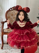 女童圣诞节公主裙秋冬红色，连衣裙儿童丝绒蓬蓬裙，蛋糕裙子新年礼服