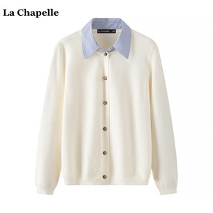 拉夏贝尔lachapelle衬衣领假俩件针织衫，上衣女春季开衫毛衣