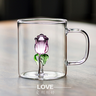 创意内置玫瑰花玻璃杯晶莹剔透手工艺术少女心礼物带把花茶咖啡杯