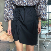 韩国东大门黑色短裙高腰，不规则显瘦抽褶皱松紧腰半身裙子女