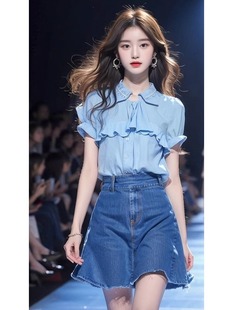 衬衣2024年女韩系早春穿搭法式独特气质奶蓝色翻领荷叶边衬衫