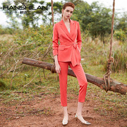 韩诗兰洋气红色条纹西装套装女职业装时尚系带西服收腰显瘦ol