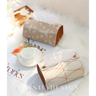 原创设计 马鞍皮摩卡棕系列纸巾盒  茶木色中古纸巾装饰盒