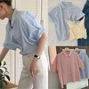 完形填空ounce韩系男友，衬衣清新蓝色粉色，单排扣条纹短袖衬衫女