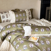 retro复古褶皱全棉四件套，纯棉四季通用床上用品，贡缎印花被套床单