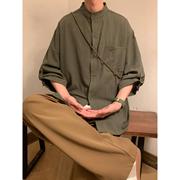 军绿色短袖衬衫男夏季日系时尚，cityboy纯棉七分袖，衬衣宽松薄外套