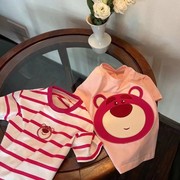 女童短袖夏装条纹草莓熊刺绣纯棉宝宝半袖儿童夏季上衣T恤潮